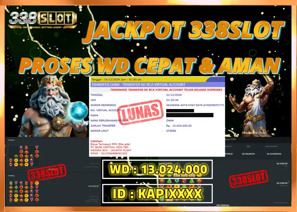 338SLOT JACKPOT GAME SLOT ZEUS PASTI WD! Rp 13.024.000 - LUNAS!!!